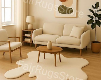 May include: A cream-colored, abstract-shaped rug in a living room setting. The rug is placed on a hardwood floor, with a sofa, chairs, and a coffee table. A framed artwork and a potted plant are also visible.