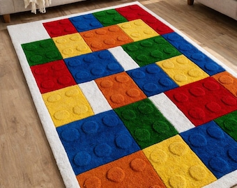 Colorful Building Block Tufted Rug, Kids Playroom Carpet, Handmade Modern Decor