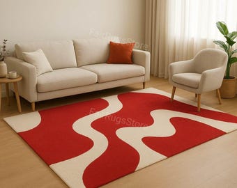Tapete abstrato moderno vermelho e creme: design geométrico ondulado