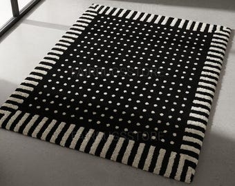 Handmade Wool Area Rug: Black and White Polka Dot with Striped Border