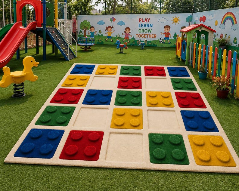 May include: A large rectangular floor mat featuring a grid of square indentations, some filled with raised, colorful, four-stud building block shapes in red, blue, green, and yellow. The mat is positioned on artificial grass in a playground.