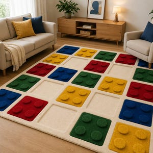 May include: A rectangular area rug featuring a grid pattern of raised, textured squares in primary colors including red, blue, yellow, and green. Each colored square has four circular protrusions, resembling building blocks, set against a cream background.