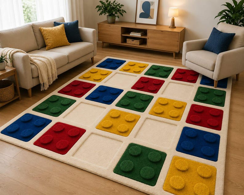 May include: A rectangular area rug featuring a grid pattern of raised, textured squares in primary colors including red, blue, yellow, and green. Each colored square has four circular protrusions, resembling building blocks, set against a cream background.