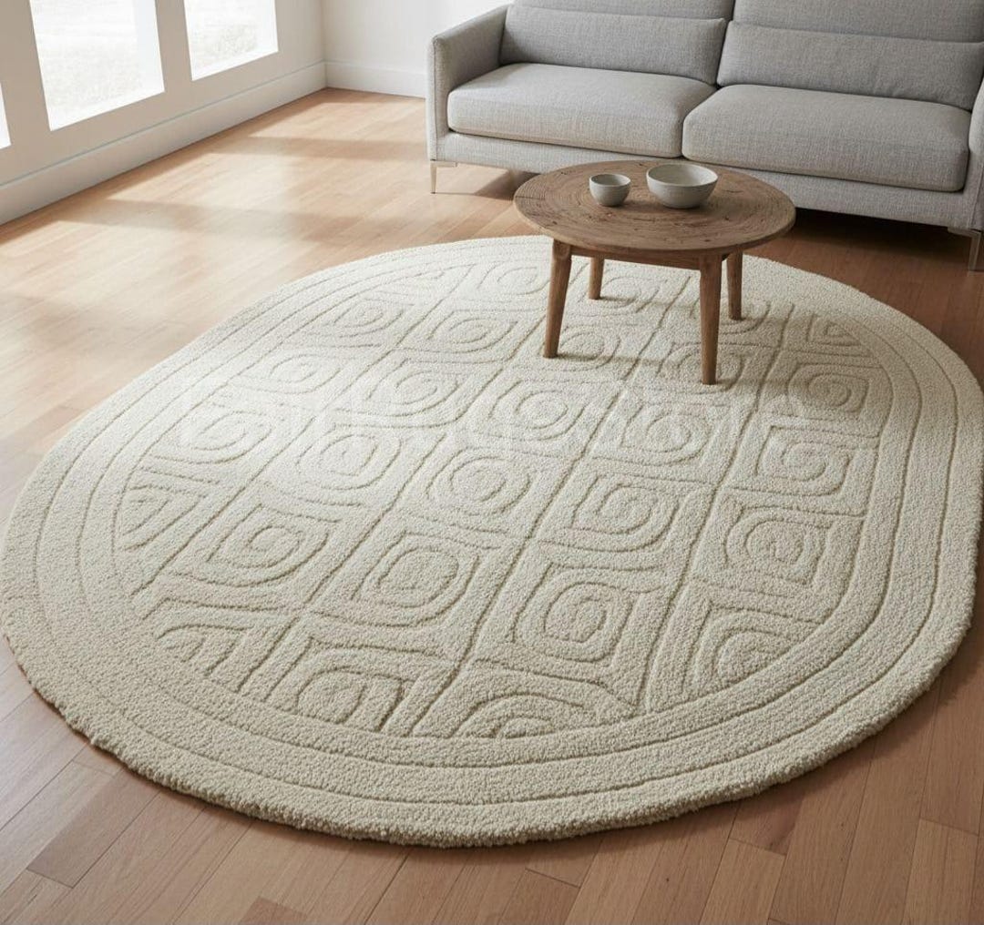 Contemporary Oval Rugs Cream Oval Rug: Modern Geometric Carved Design, Soft Neutral Carpet - Etsy