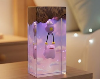 Cute Poko-pia Drifloon And Ditto Resin Diorama Night Light | Handmade Wood & Epoxy Art | Unique Gamer Gift | Anime Room Decor Desk Lamp