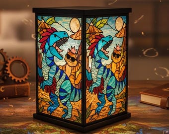 Stained Glass Style Mongo Dinosaur Princess Donut Cat Lamp, Unique Table Light, Gift For Book Lover