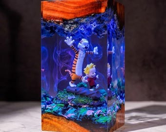 Calvin And Hobbes Resin Lamp, Unique Wood Epoxy Night Light, Handmade Diorama Art, Fantasy Desk Decor Gift