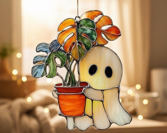 Cute Ghost Suncatcher With Monstera Plant | Resin Window Decor | Spooky Plant Lover Gift, Mother's day Gift Idea