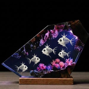 Unique Ocean Resin Art Diorama With Ma.gi.k.a.tp Fish Skeletons And Coral Reef Display | Tabletop Fantasy Gift