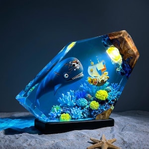 Laboon & Thousand Sunny Resin Diorama Lamp | Anime Whale Pirate Ship Ocean Scene Night Light | Unique Fan Gift Desk Decor