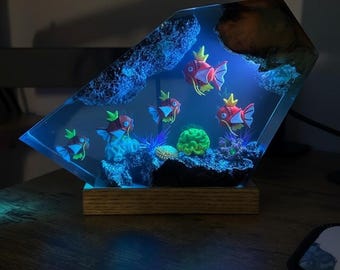Handmade Ma.gik.a.rp Resin Diorama Ocean Lamp, Unique LED Night Light, P0kem0n Inspired Gamer Gift, Epoxy Wood Art Desk Decor