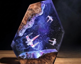 Sta/r Wa/rs Inspired X-Wi/ng Resin Night Light Galaxy Epoxy Lamp Space Diorama Desk Decor Sci-Fi Gift For Him Handmade LED Table Lamp