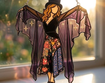 Ste.vie Ni.cks Faux Stained Glass Suncatcher, Boho Rock & Roll Fan Art Gift, Fleetwood Mac Inspired Decor