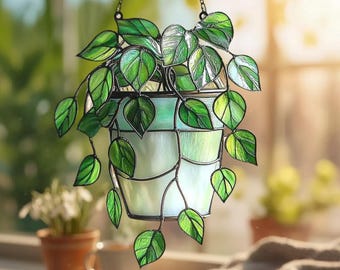 Pothos Suncatcher Window Hanging, Potted Plant Decor, Green Leaf Home Decoration, Mother's Day Gift Idea, Gift for her