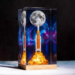 Puede incluir: Una pieza de arte de resina rectangular que representa un cohete lanzándose hacia la luna sobre un fondo de nebulosa colorida. El cohete es naranja y blanco, con llamas en su base. La base es de madera.