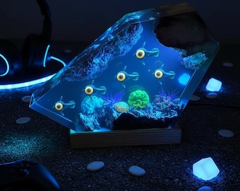 Peeper Fish hartslampa, spelnattlampa, bordslampa i trä, present till spelare, present till honom