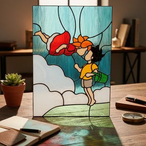 May include: Stained glass panel featuring a whimsical scene of two cartoon figures. One figure is floating in the air, wearing a red dress and holding a flower. The other figure, in a yellow shirt, is holding a green watering can. The background is blue with white clouds.