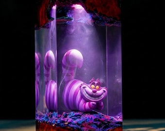 Cheshire Cat Wonderland Resin Lamp | Alice In Wonderland Diorama Art | Unique Fantasy Desk Decor | Handcrafted Glowing Night Light Gift
