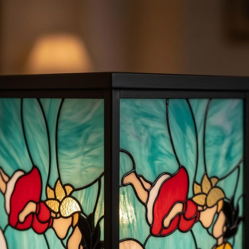 May include: Close-up of a stained glass lamp with a black metal frame. The glass panels feature a teal and white background with red, yellow, and black floral and figure designs. The lamp is illuminated from within, creating a warm glow.