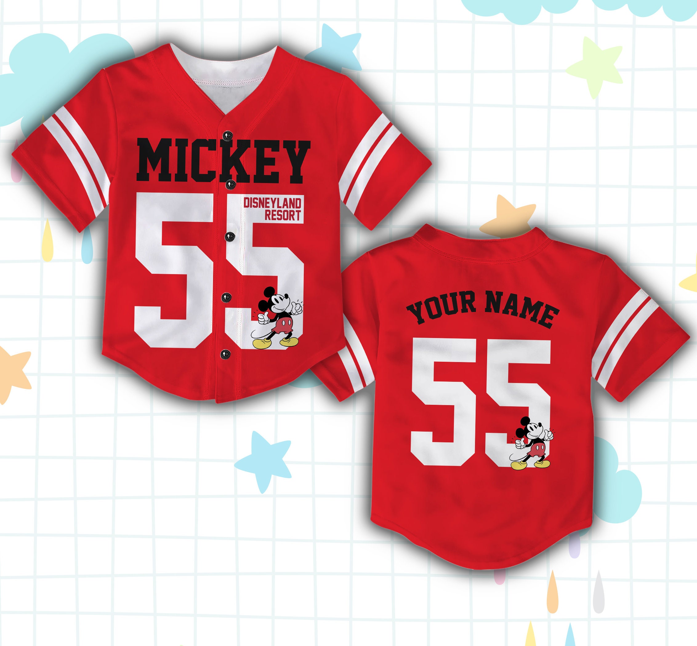 thehappymodernist Personalized Disneyyland Resort Kids & Youth Baseball Jersey, Mickey Mouse 55 Adult Jersey for Baseball lovers, WDW Outfit for Baseball Fans