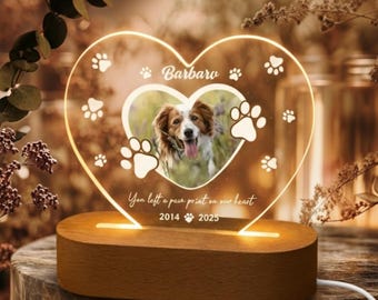 Personalized Pet Photo Memorial LED Light with Acrylic Heart, Custom Dog Cat Loss Gift, Heart Shaped Pet Lamp, Pet Bereavement Gift