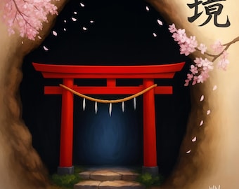 May include: A digital illustration of a red torii gate, a traditional Japanese gate, set within a cave-like structure. Cherry blossoms and Japanese characters are visible. The Wild Palette by MM.