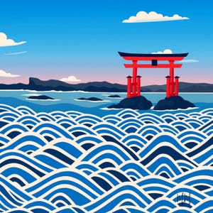 May include: A vibrant illustration of a Japanese Torii gate, painted in red and black, standing in the sea. The water is depicted with stylized blue and white waves, under a blue sky with clouds.