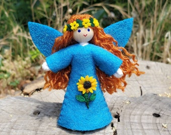 Blue Sunflower Fairy Doll Toy | Custom Hair color & Skin Tone | Fairies for Girls Dollhouse Play | Flower Fairy Dolls - Handmade