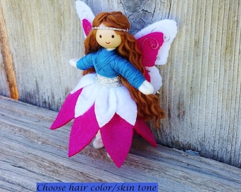 Fairy Doll - Waldorf Fairy -  Bendy Doll (brown hair) - Blue - Pink  - Flower Fairy - Fairy Princess - Butterfly Wings - Fairy Garden