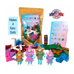 May include: A craft kit to make four felt fairy dolls. The kit includes felt pieces in various colors, yarn, beads, and glue. The kit also includes instructions on how to make the dolls.  Made in the USA.