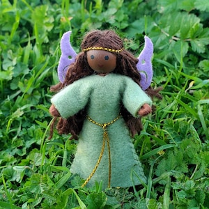 Tiny Fairy Doll Toy for girls - Purple Flower Fairy - Small Brown Skin Handmade Tooth Fairy Bendy Doll  - Wildflower Toys