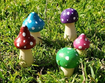 Small Hand Painted Wooden Fairy Mushroom Toadstools