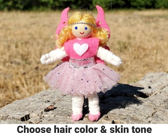 Pink Fairy Doll Toy - 3" Rainbow Fairies - Tiny Fay for girls -  Handmade Flower Fairy Bendy Doll - Tooth Fairy  Wildflower Toys