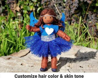 Blue Fairy Doll Toy - 3" Rainbow Fairies - Tiny Fay for girls -  Handmade Flower Fairy Bendy Doll - Tooth Fairy  Wildflower Toys