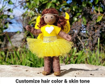 Yellow Fairy Doll Toy - 3" Rainbow Fairies - Tiny Fay for girls -  Handmade Flower Fairy Bendy Doll - Tooth Fairy  Wildflower Toys