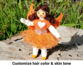 Orange Fairy Doll Toy - 3" Rainbow Fairies - Tiny Fay for girls -  Handmade Flower Fairy Bendy Doll - Tooth Fairy  Wildflower Toys