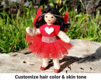 Red Fairy Doll Toy - 3" Rainbow Fairies - Tiny Fay for girls -  Handmade Flower Fairy Bendy Doll - Tooth Fairy  Wildflower Toys