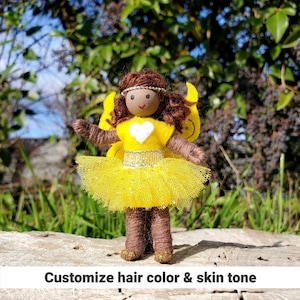Yellow Fairy Doll Toy - 3&quot; Rainbow Fairies - Tiny Fay for girls -  Handmade Flower Fairy Bendy Doll - Tooth Fairy  Wildflower Toys