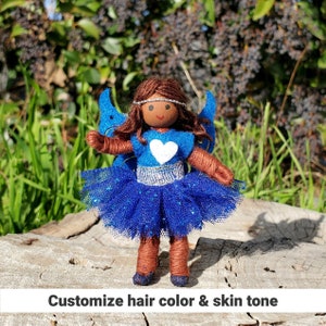 Blue Fairy Doll Toy - 3&quot; Rainbow Fairies - Tiny Fay for girls -  Handmade Flower Fairy Bendy Doll - Tooth Fairy  Wildflower Toys