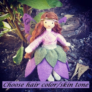 Fairy Doll - Fairy Princess - Flower Fairy - Bendy Doll (brown hair) - Purple - Green - Fairy - Felt - Handmade - Butterfly Wings