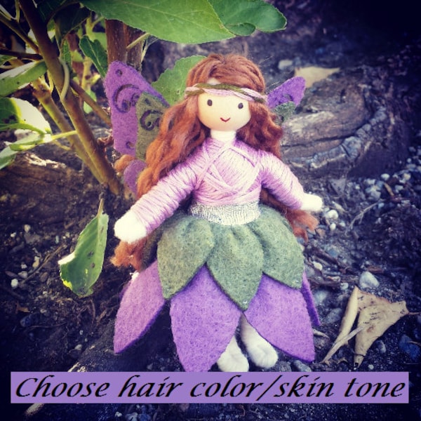 Fairy Doll - Fairy Princess - Flower Fairy - Bendy Doll (brown hair) - Purple - Green - Fairy - Felt - Handmade - Butterfly Wings