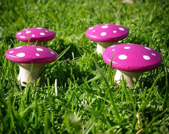 Fairy Toadstools - Wooden Mushrooms - Fairy Garden - Toadstool - Fairy Seat - Gnome Toadstool - Fairy House - Pink Mushroom - Set of 4