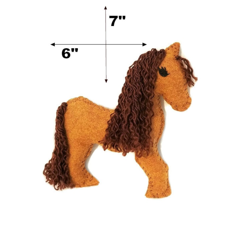 May include: A brown felt horse with a long, curly brown mane and tail. The horse is 7 inches tall and 6 inches wide.