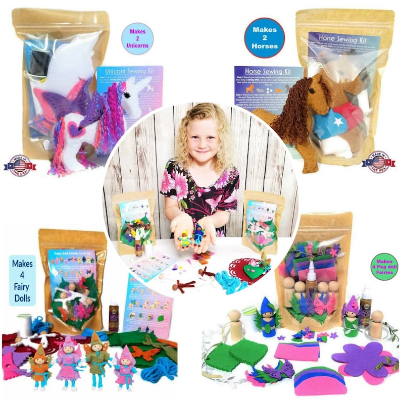 May include: Four felt craft kits for making stuffed animals. The kits include felt pieces, embroidery floss, and instructions. The kits are for making two unicorns, two horses, four fairy dolls, and four peg doll fairies.