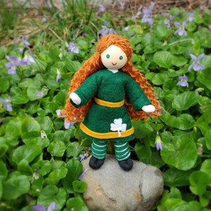 May include: A handmade doll with red curly hair, a green dress with a gold belt and a shamrock, and green and white striped pants. The doll is standing on a rock in a bed of green leaves and purple flowers.