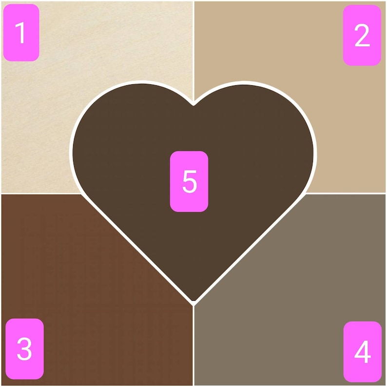 May include: A brown heart shape with a white outline is divided into five sections. The sections are numbered 1 through 5 with pink squares. The heart is on a background of four squares, each a different color: beige, light brown, dark brown, and gray.