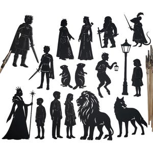 May include: Black silhouette cutouts of various characters and animals, including a king, queen, wolf, lion, and a creature with goat legs and horns. The silhouettes are arranged in a random pattern on a white background.