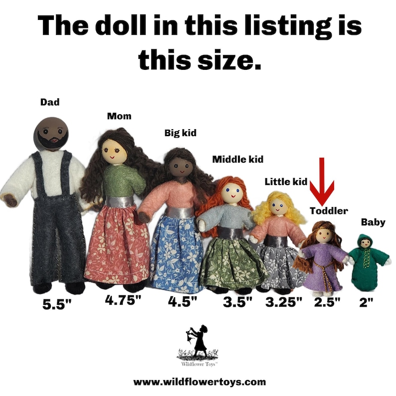 May include: A collection of handmade fabric dolls of varying sizes, labeled "Dad," "Mom," "Big kid," "Middle kid," "Little kid," "Toddler," and "Baby." The dolls range from 2" to 5.5" in height. The text "The doll in this listing is this size" is at the top.
