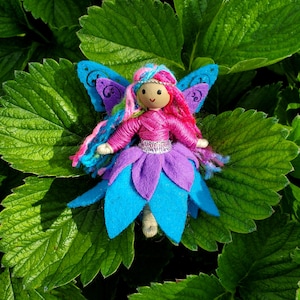 May include: A handmade felt fairy doll with pink yarn hair, blue wings, and a purple and blue skirt. The doll is sitting on a green leaf.