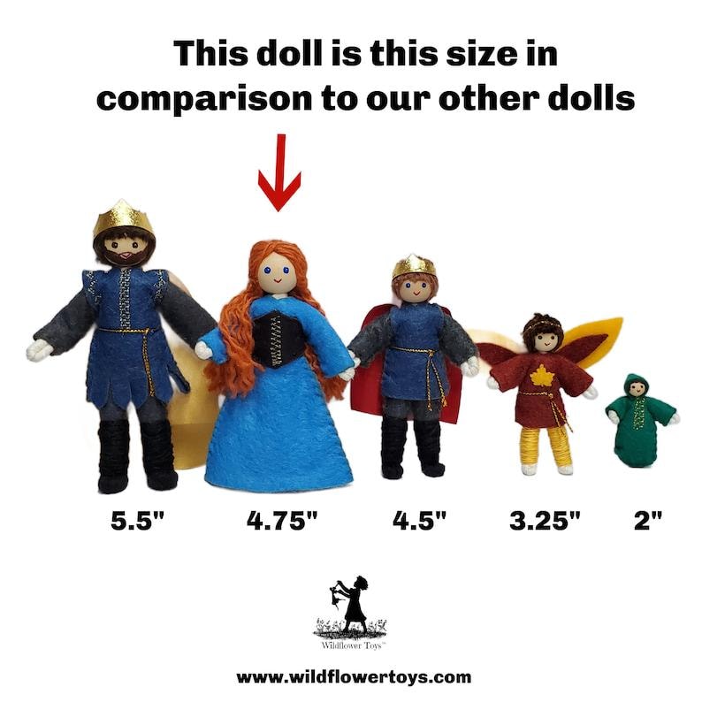 May include: Five felt dolls of varying sizes, dressed as royalty, with crowns and capes. The dolls are standing in a row from tallest to shortest, with their heights listed in inches below them. The dolls are all wearing different colors, including blue, red, green, and brown.